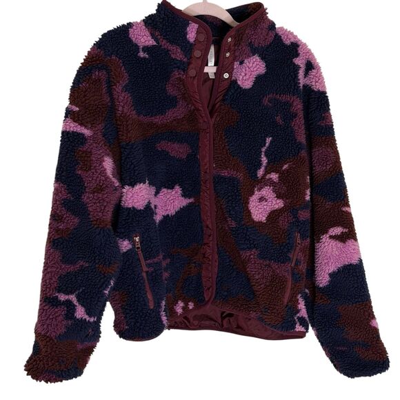 Fabletics Tahoe Teddy  Fleece Jacket Snap Front Camo Merlot Black Pink L bv - Picture 3 of 11